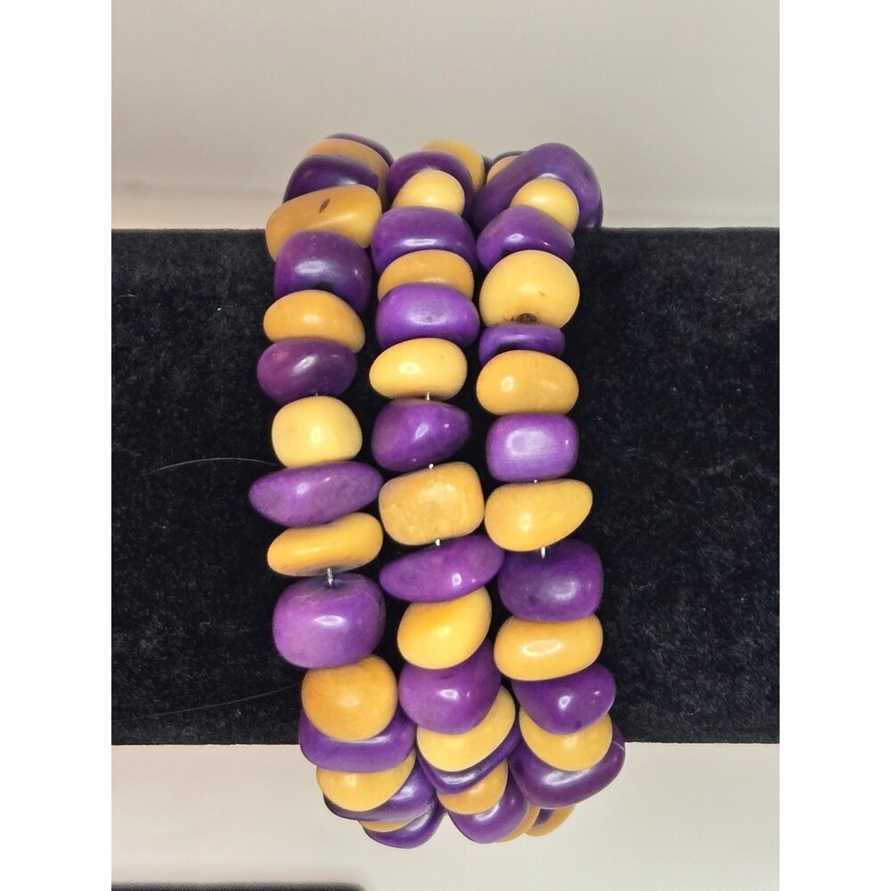 Purple and Beige Beaded Memory Wire Bracelet